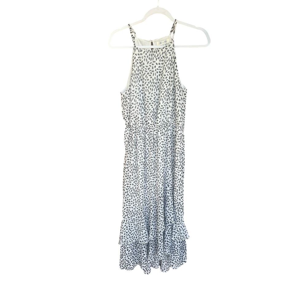 She + Sky Maxi Dress M NWT Black White Animal Print Tiered Ruffle Strappy
